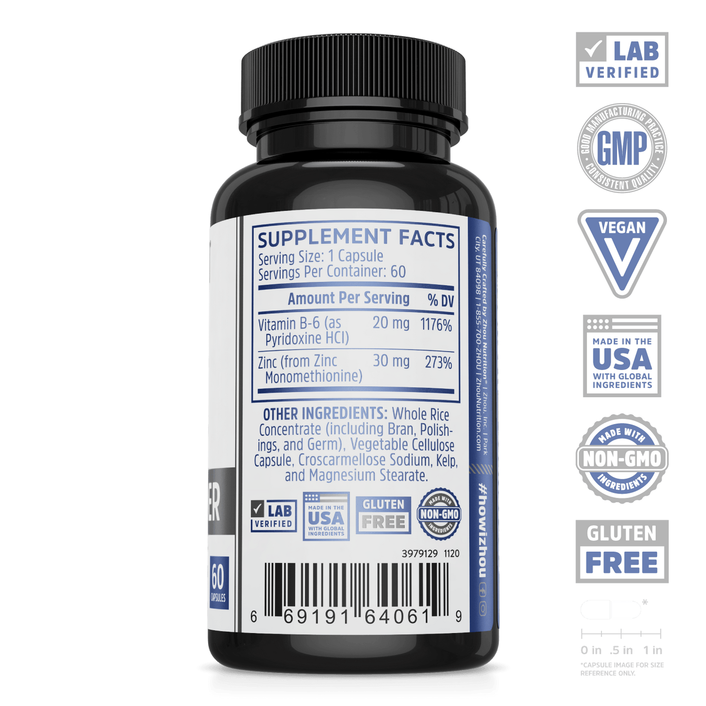 Zinc Defender supplement from zhou nutrition. Lab verified, GMP, vegan, made in the USA with global ingredients, made with non-GMO ingredients, gluten free.