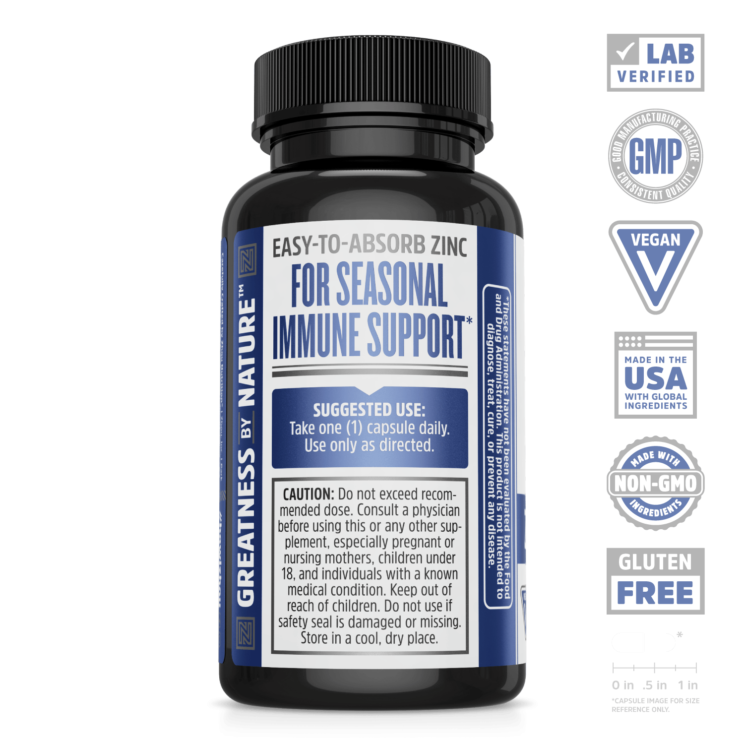 Zinc Defender supplement from zhou nutrition. Lab verified, GMP, vegan, made in the USA with global ingredients, made with non-GMO ingredients, gluten free. Easy to absorb zinc for seasonal immune support.