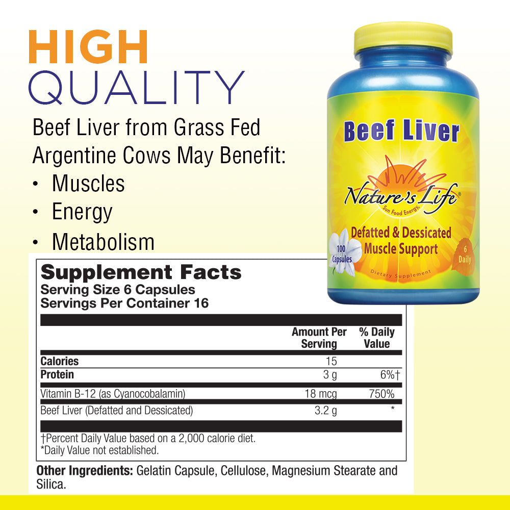 Nature's Life Desiccated Beef Liver 1500mg | From Defatted Argentine Cattle | Naturally Occurring Iron Supplement | 100 Capsules