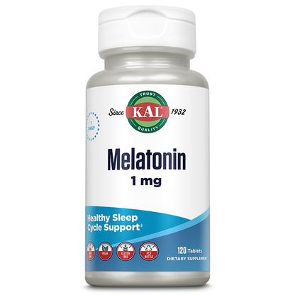 KAL Melatonin 1mg, Fast Acting Melatonin Tablets, Calming Relaxation and Sleep Cycle Support, Vegan, Gluten Free, Non-GMO, 60-Day Guarantee, 120 Servings, 120 Tablets