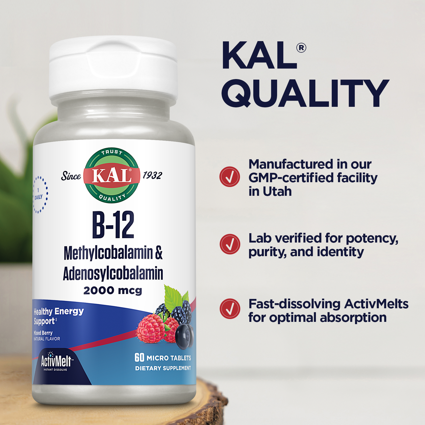 KAL B-12 Methylcobalamin & Adenosylcobalamin ActivMelt 2000 mcg | Natural Mixed Berry Flavor | Biologically Active Forms of B12 | 60 Micro Tablets