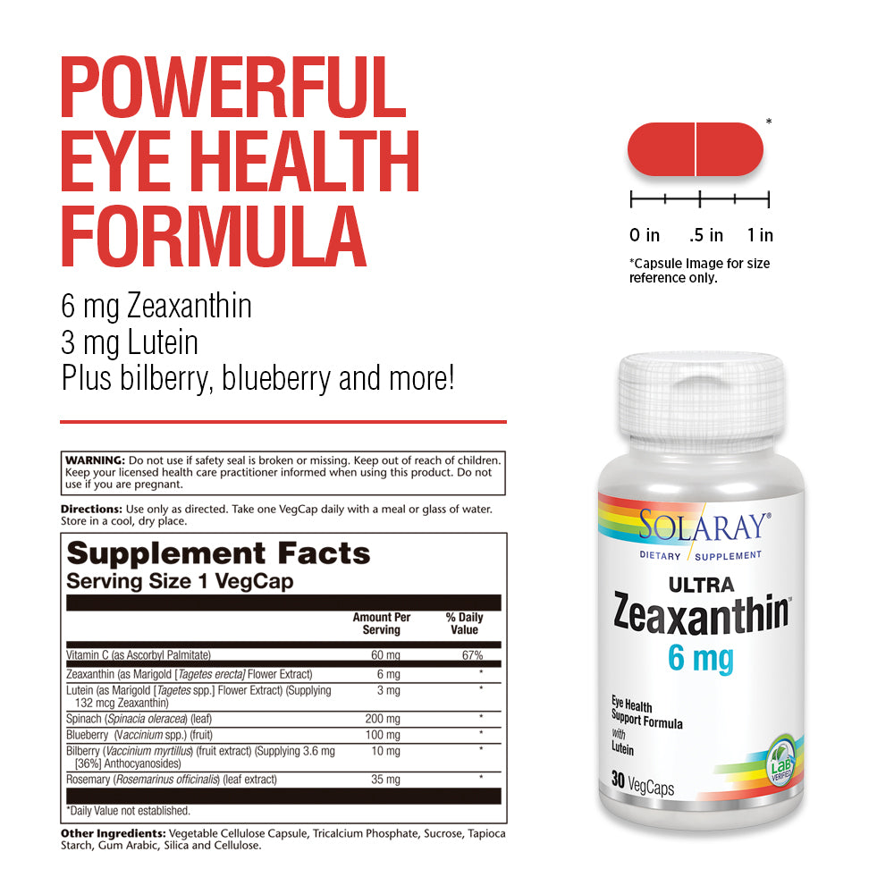 Solaray Ultra Zeaxanthin 6 mg | Eye Health & Macular Support Formula with Lutein, Bilberry & Blueberry | 30ct