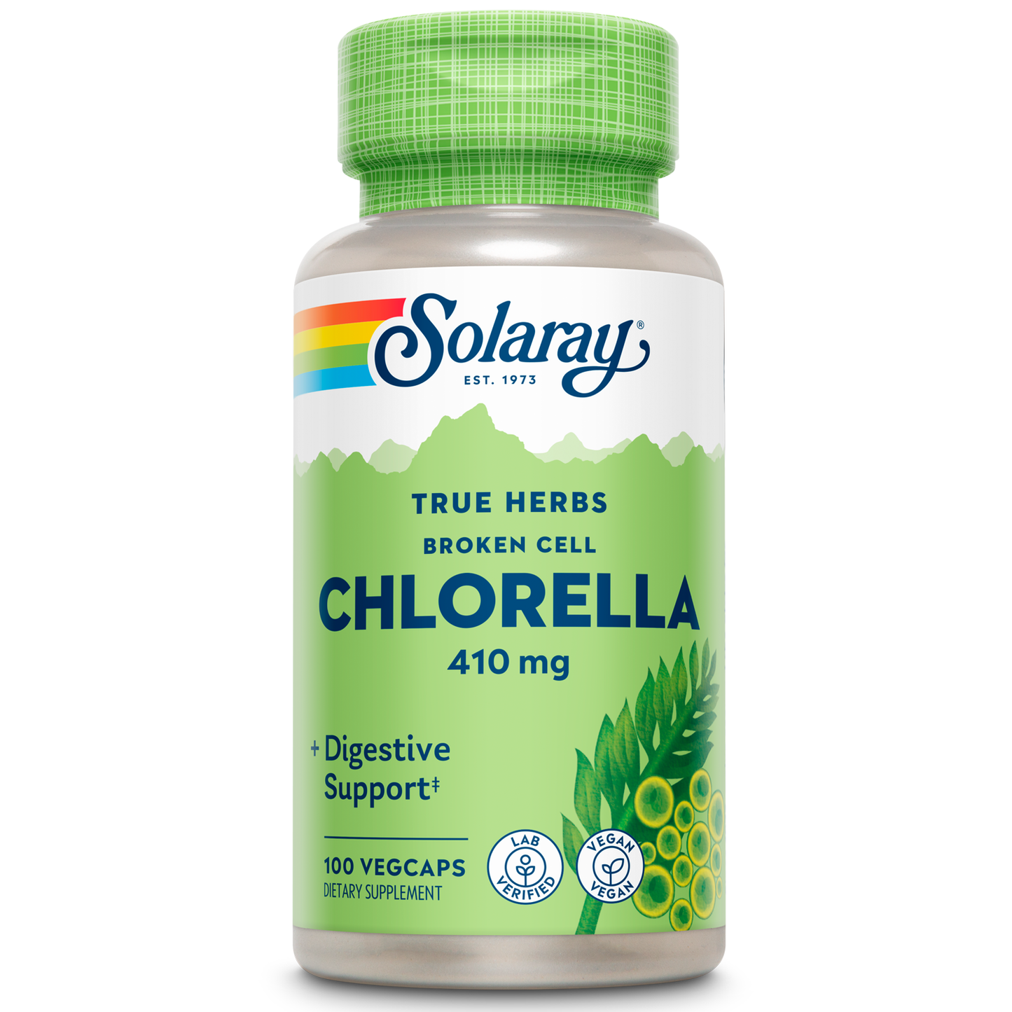 Solaray Broken Cell Chlorella 410 mg | Nutrient-Rich Superfood w/ Naturally Occurring Protein, Vitamins, Minerals, Chlorophyll | Non-GMO | 100 VegCaps