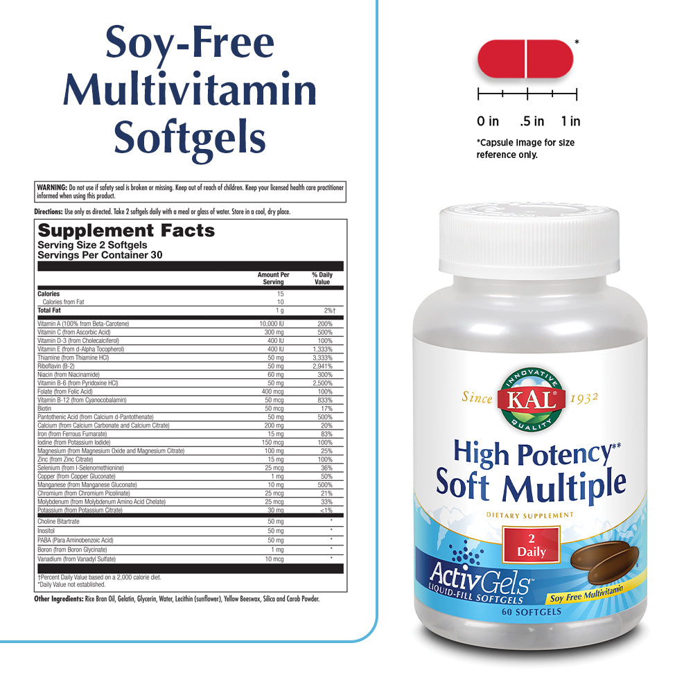 KAL High Potency Soft Multiple ActivGels | Soft Gel Multivitamins for Men & Women | Rice Bran Oil Base | No Soy | Easy to Swallow (30 Serv, 60 CT)