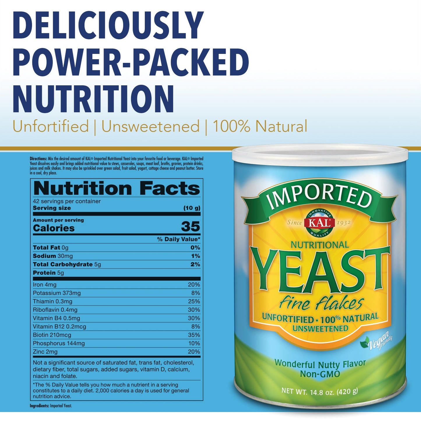 KAL Imported Nutritional Yeast Flakes, Unfortified & Unsweetened Fine Flakes, 100% Natural Source of Amino Acids & B Vitamins, Great Nutty Flavor, Non-GMO & Vegan