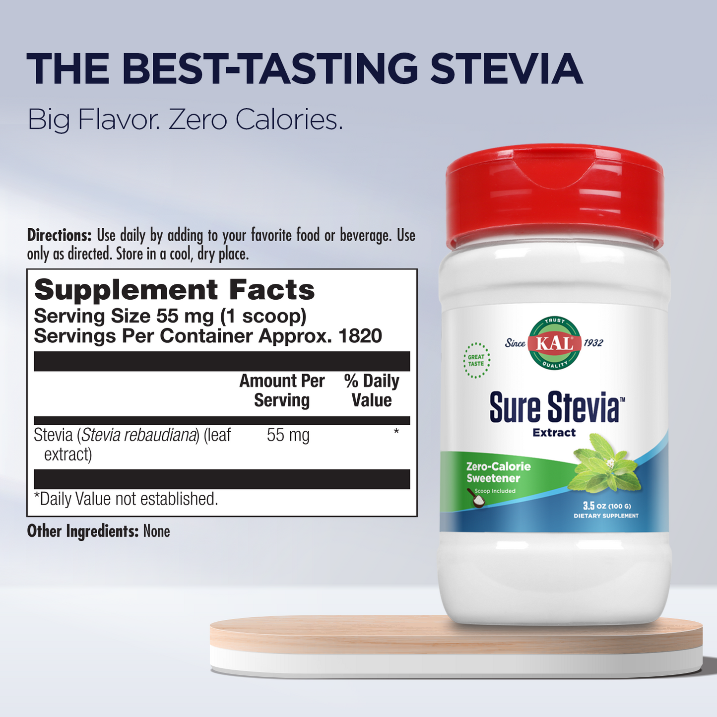 KAL Sure Stevia Extract Powder, Best-Tasting, Zero Calorie, Low Glycemic (3.5oz) (3.5 oz)