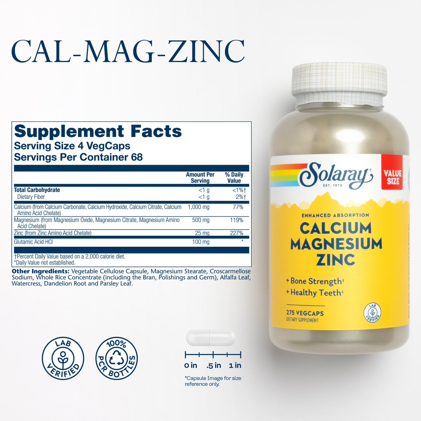 Solaray Calcium Magnesium Zinc Supplement, with Cal & Mag Citrate, Strong Bones & Teeth Support, Easy to Swallow Capsules, 60 Day Money Back Guarantee, 68 Servings, 275 VegCaps