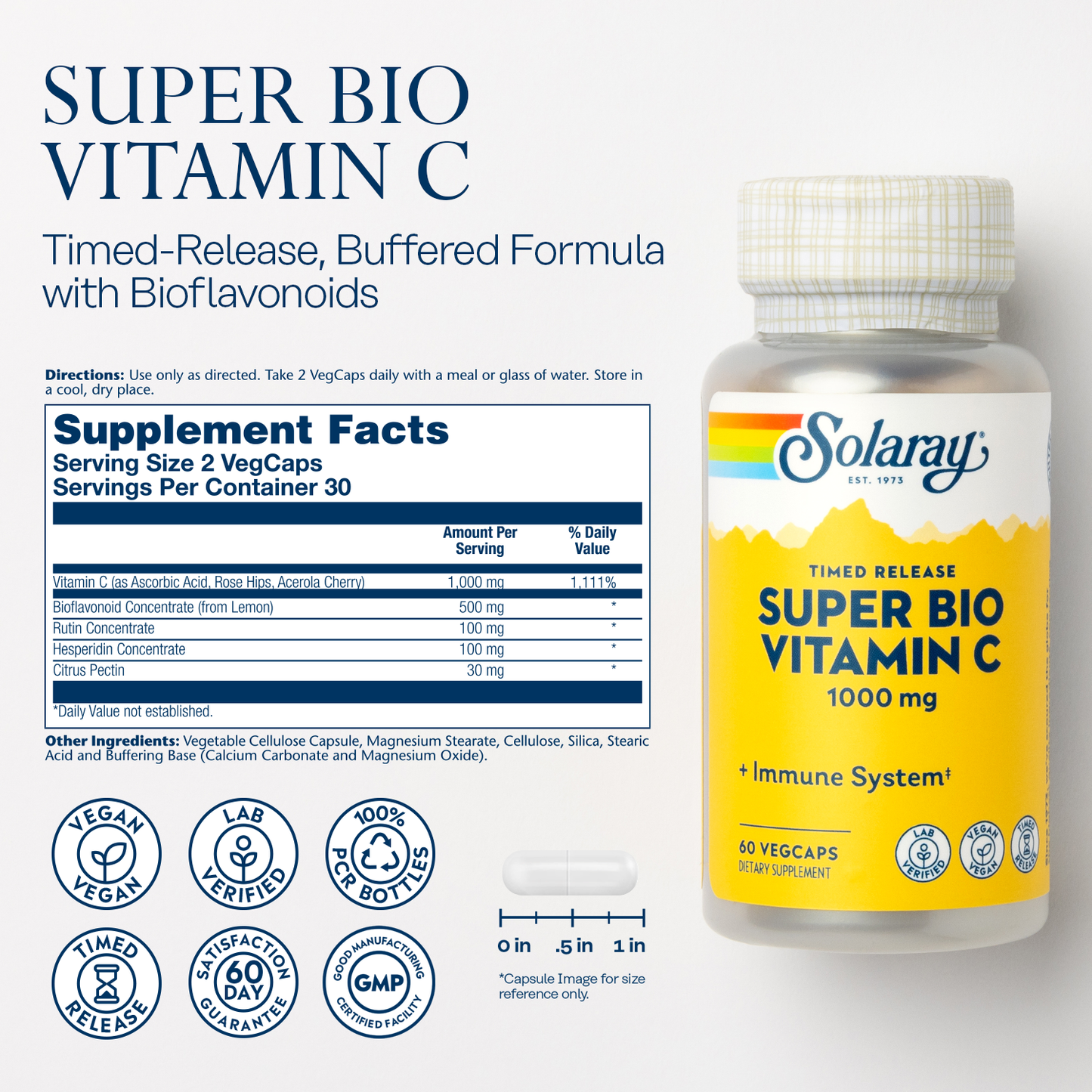 Solaray Super Bio Vitamin C 1000mg, Buffered, Time Release Capsules with Bioflavonoids, Two-Stage for High Absorption & All Day Immune Support, Vegan, 60 Day Guarantee, 30 Servings, 60 VegCaps