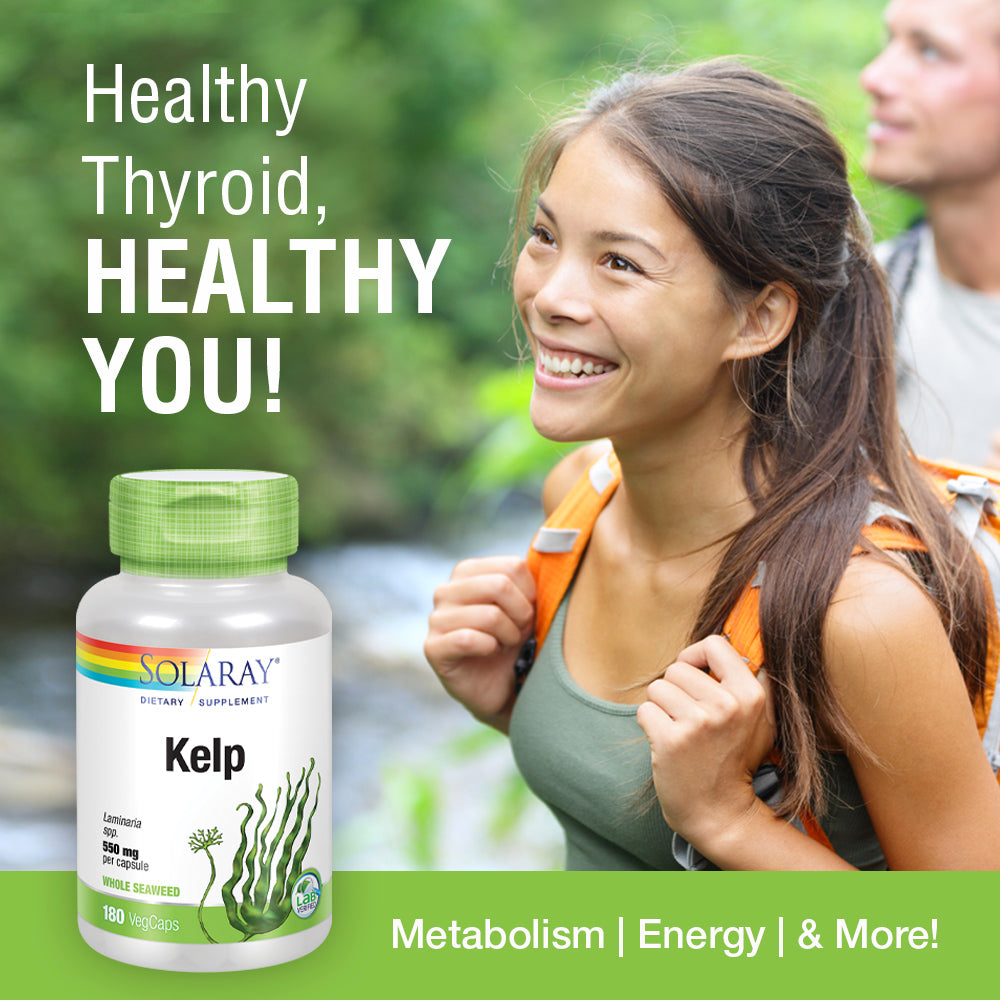 Solaray Kelp 550 mg with Folic Acid for Healthy Thyroid Function, Energy & Metabolism Support | Non-GMO | 180 VegCaps