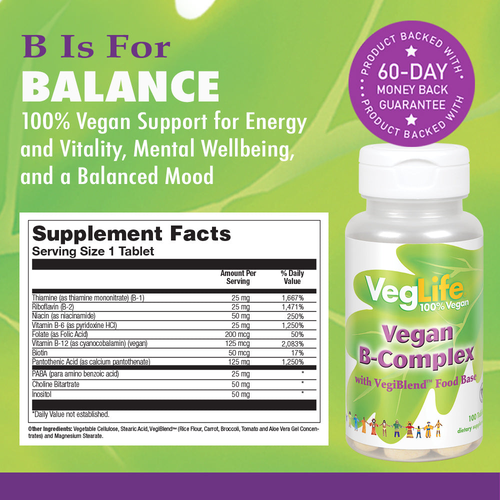 VegLife B-Complex, Vegan | For Healthy Energy Metabolism, Heart & Brain Function, Skin & Nails, Stress & Mood Support | Vegan