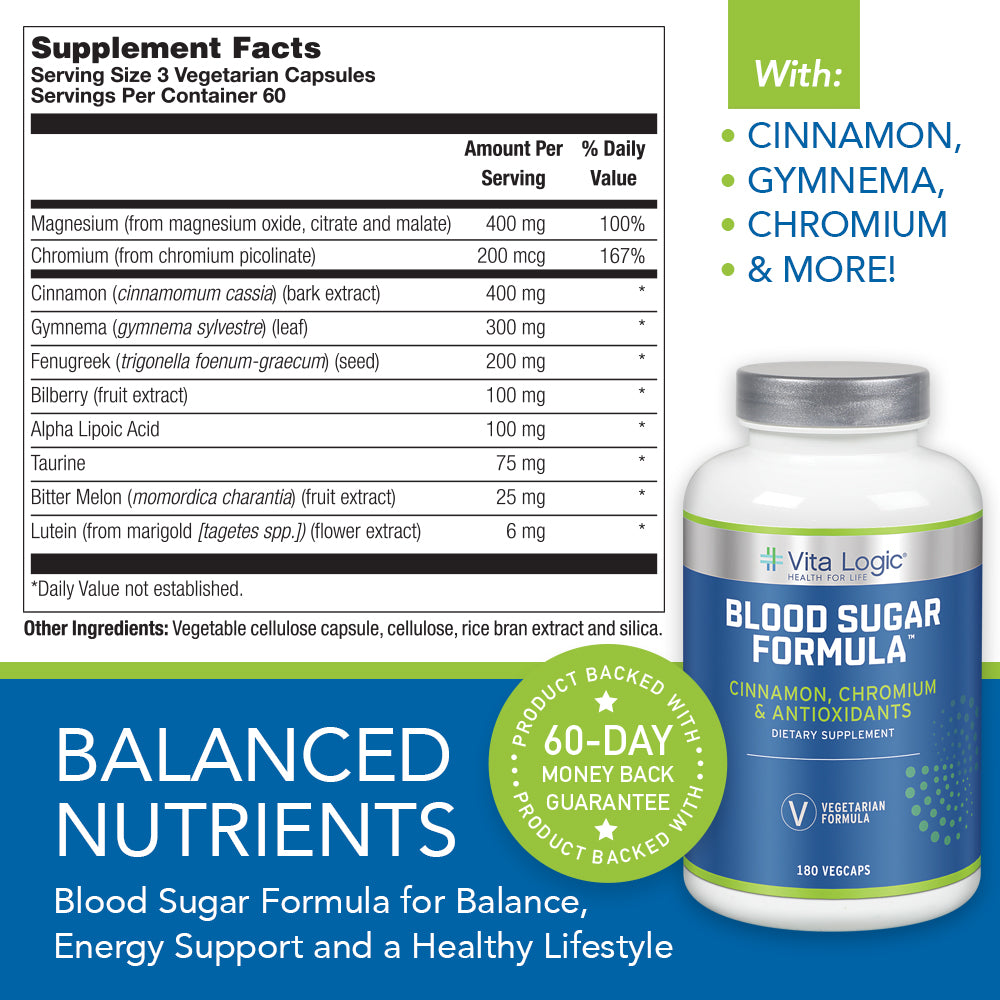 Vita Logic Blood Sugar Formula | Healthy Blood Sugar & Glucose Metabolism Support w/ Cinnamon, Chromium & Antioxidants | 180 Veg Caps