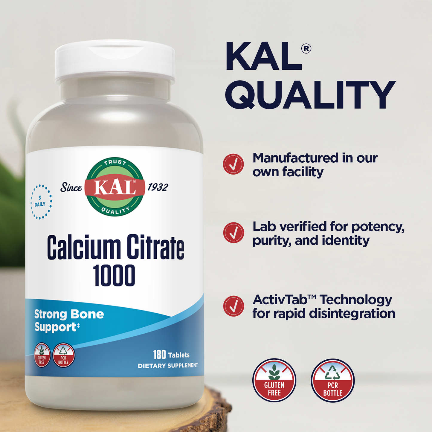 KAL Calcium Citrate 1000mg Teeth & Bone Health, Nervous, Muscular & Cardiovascular System Support Lab Verified (180 CT)