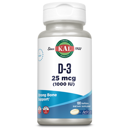 KAL Vitamin D3 1000 IU Softgels (25 mcg), Active Form of Vitamin D, Calcium Absorption, Bone Health, Immune Support Supplement, Liquid Filled ActivGel, Made Without Soy, 100 Servings, 100 Softgels