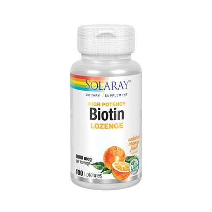 Solaray High Potency Biotin 1000 mcg | Natural Orange Juice Flavor | Healthy Hair, Skin & Nails Support | 100 Lozenges