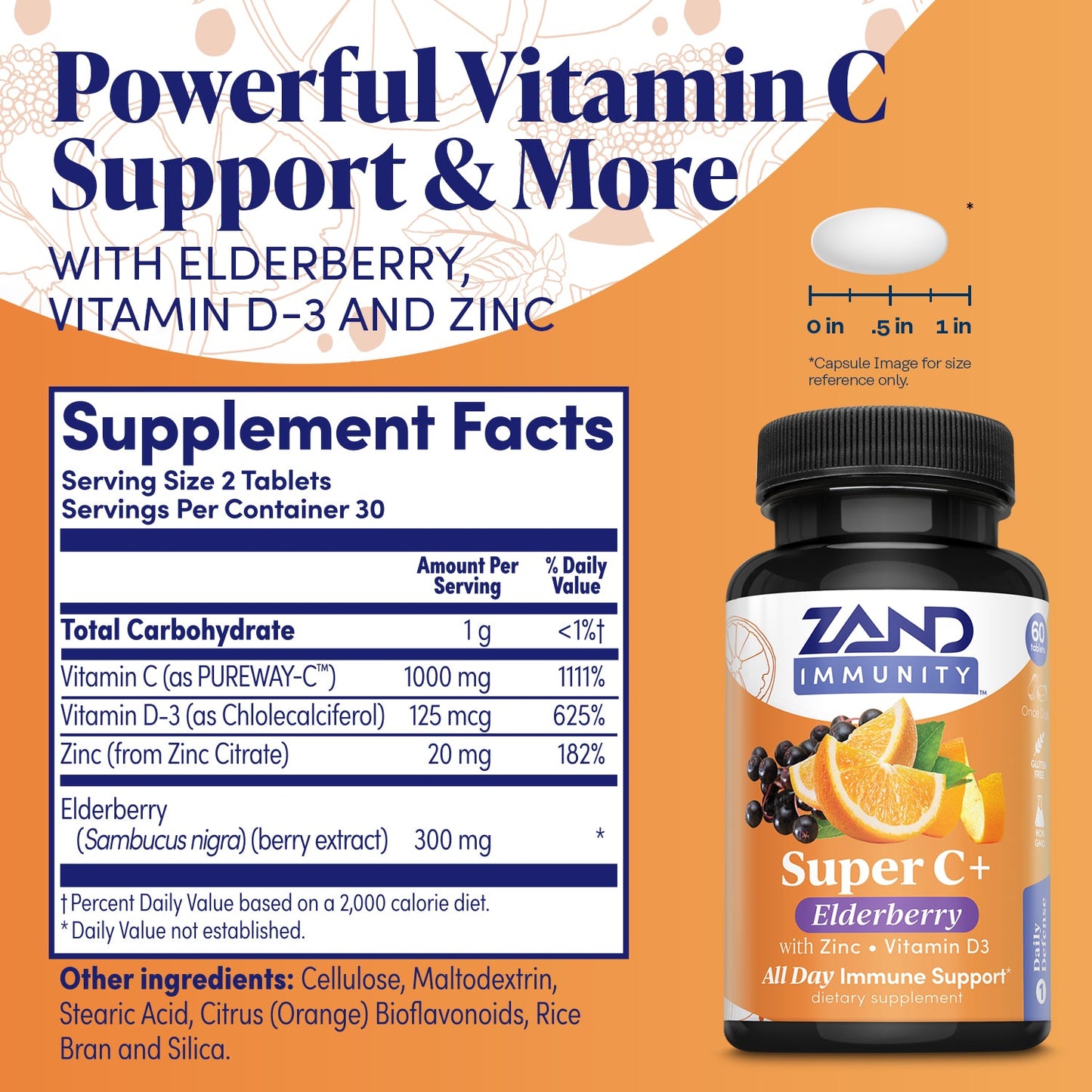 Zand Immunity Super C+ with Elderberry, All Day Immune Support with 1000mg PureWay-C Vitamin C, Plus Zinc & Vitamin D-3, Enhanced Absorption, 60 Tablets, 30 Servings