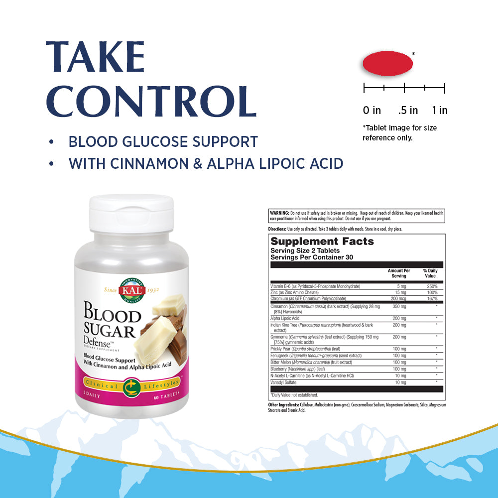 KAL Blood Sugar Defense Blood Glucose Support with Cinnamon and Alpha Lipoic Acid With ActivTab Technology for Faster Disintegration 60 Tablets