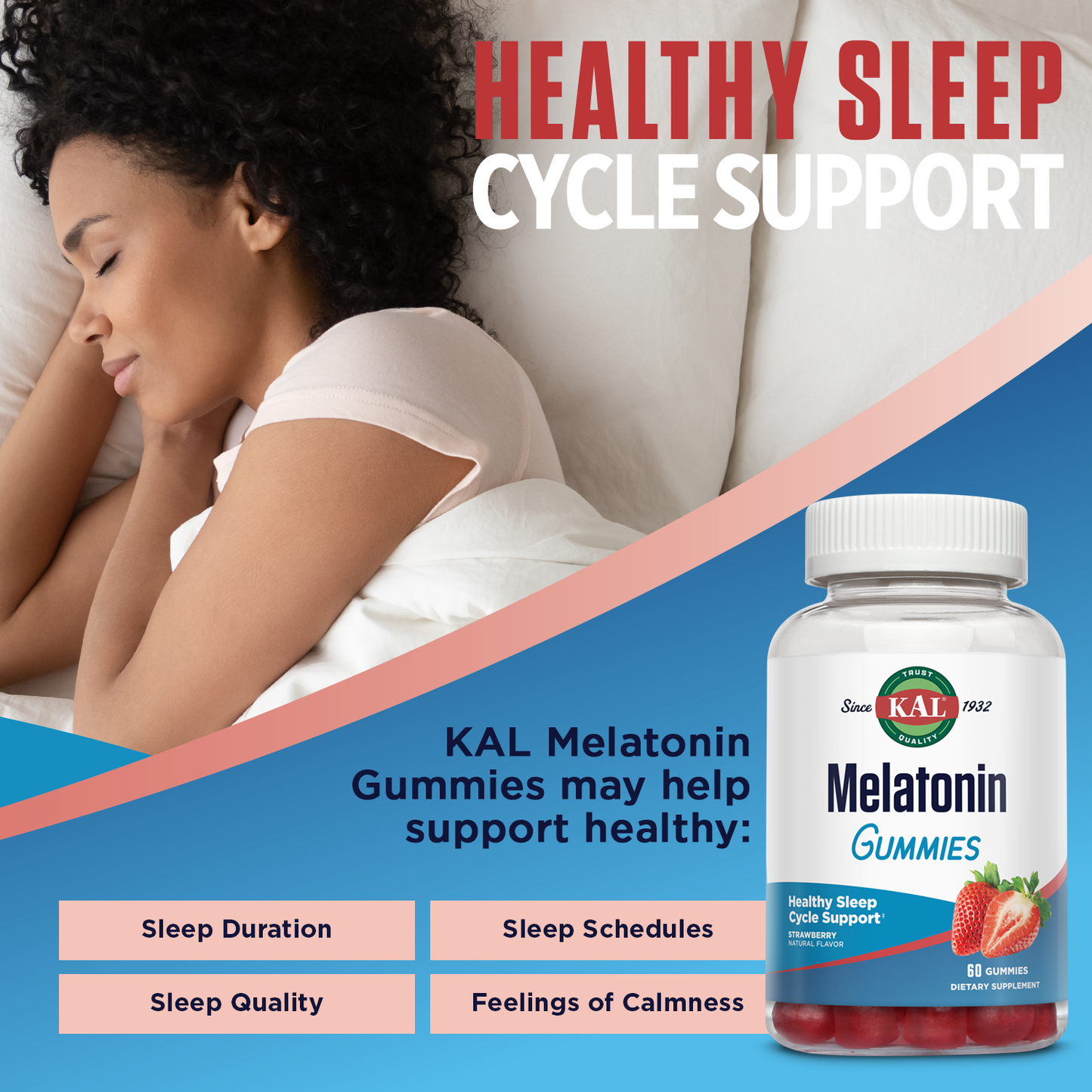 KAL Melatonin Gummies, Melatonin 5mg Sleep Aid, Healthy Relaxation, Sleep Duration, Quality, and Calmness Support Formula, Vegetarian, Gluten Free, Natural Strawberry Flavor, 30 Servings, 60 Gummies