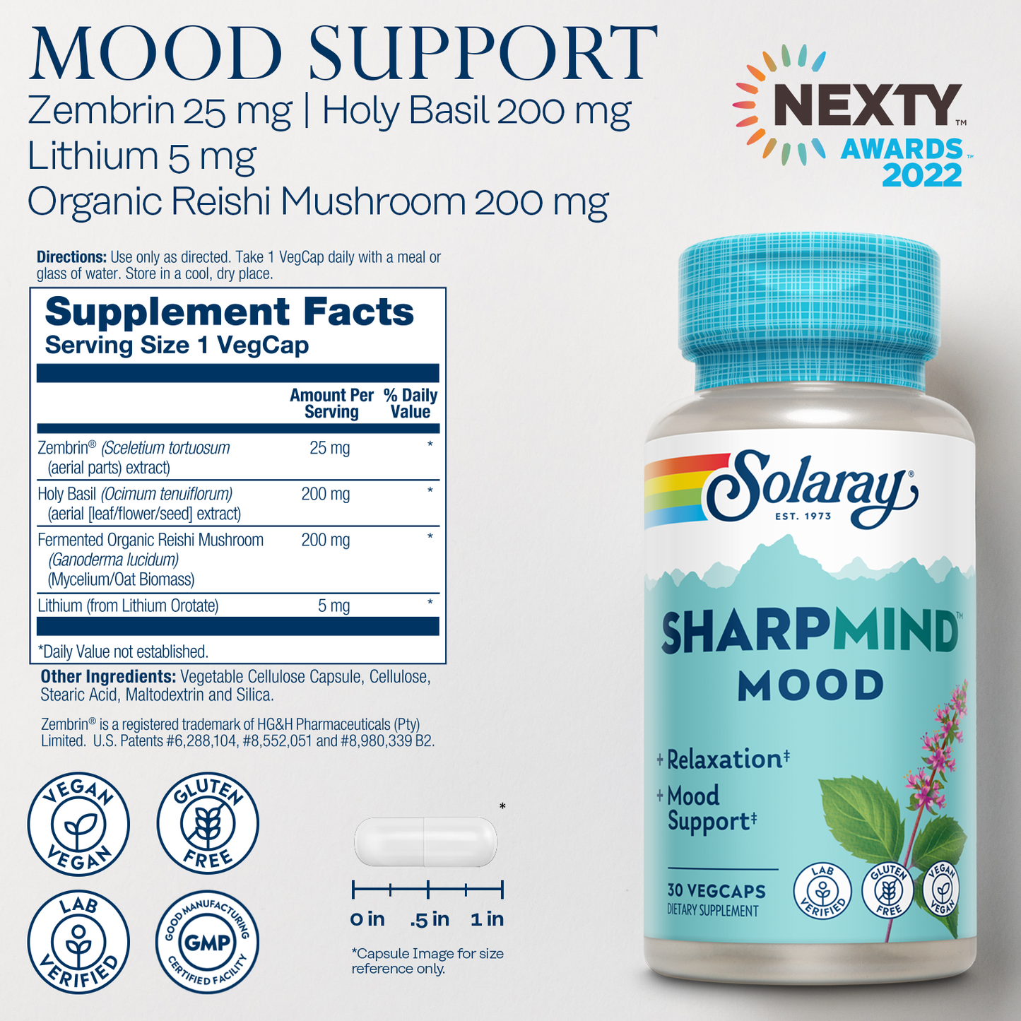 Solaray SharpMind Mood Support Supplement, Nootropic for Relaxation and Stress Relief, Zembrin, Holy Basil, Lithium Orotate 5mg, Organic Reishi Mushroom, 60 Day Guarantee, 30 Servings, 30 VegCaps