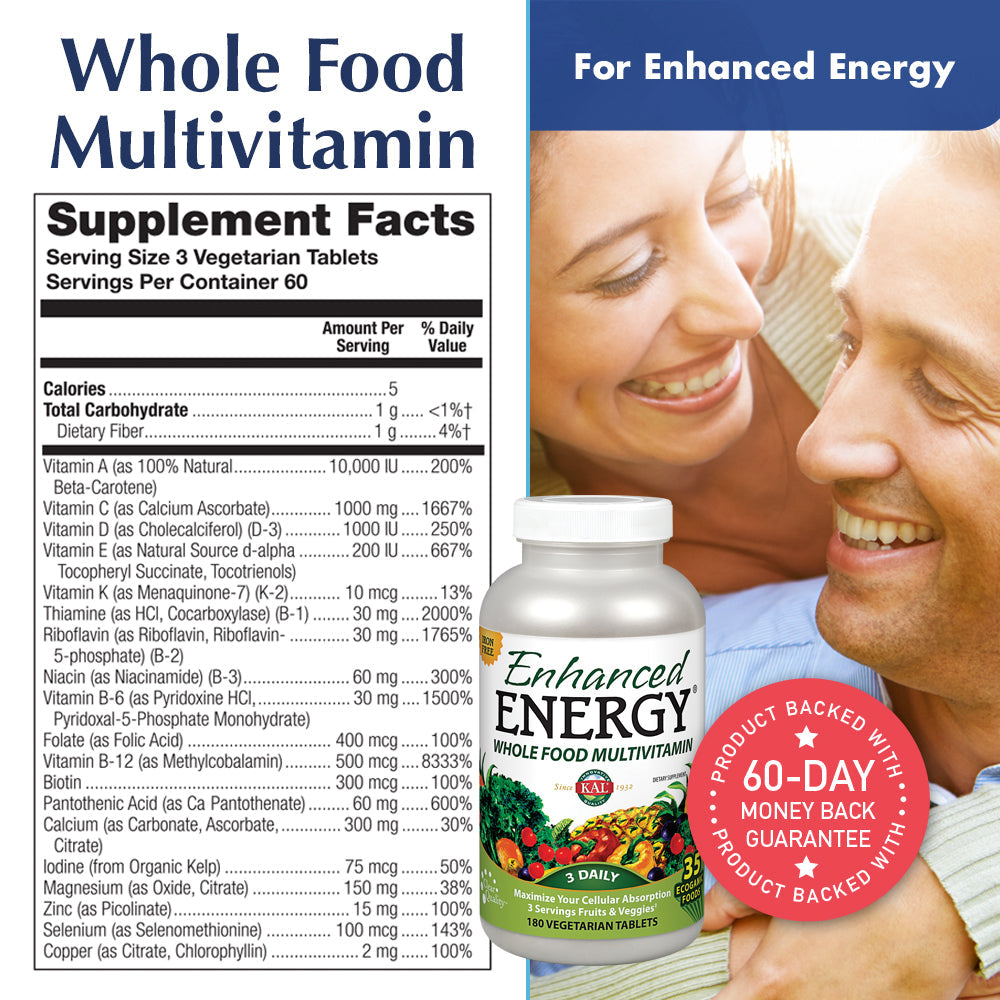 KAL Enhanced Energy Multivitamin | Whole Food Based Vitamins & Minerals w/ Antioxidants, Digestive Enzymes & Natural Carotenoids | 180 Capsules