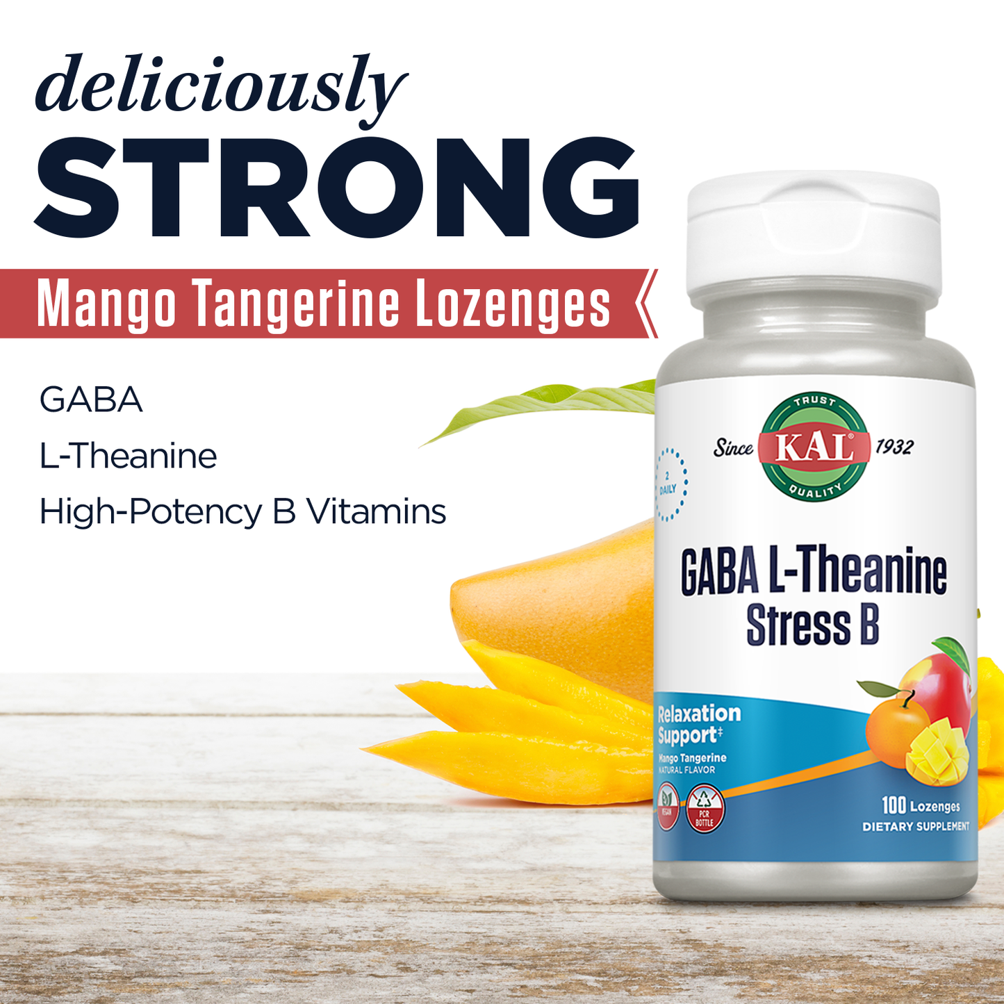 KAL GABA L-Theanine Stress B Lozenge | Healthy Relaxation, Mood & Focus Support | B Complex Vitamins | Natural Mango Tangerine Flavor | 100 Lozenges