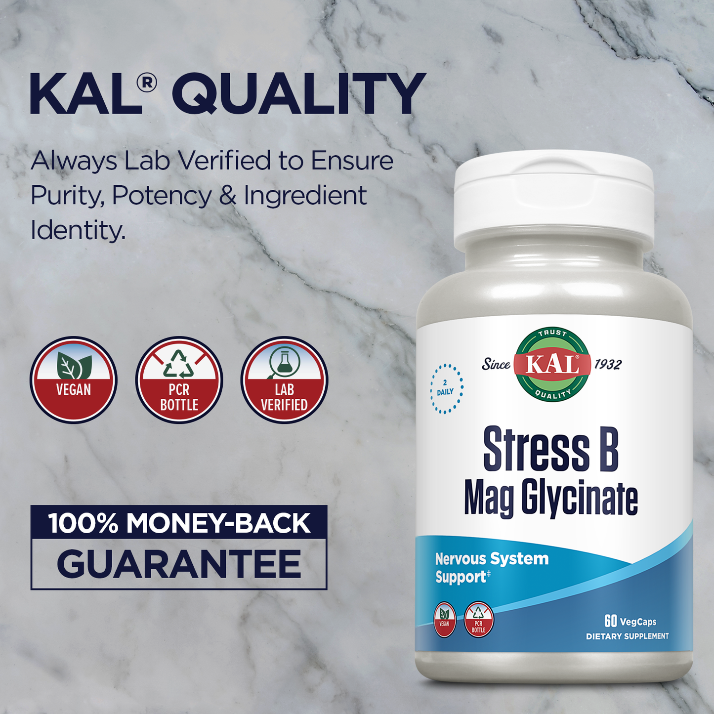 KAL Stress B Mag Glycinate, B Complex Vitamins Plus Magnesium, Active Forms Coenzyme Vitamin B-6, Methylcobalamin, and Folate from 5-MTHF, Healthy Mood & Relaxation Support, 30 Servings, 60 VegCaps