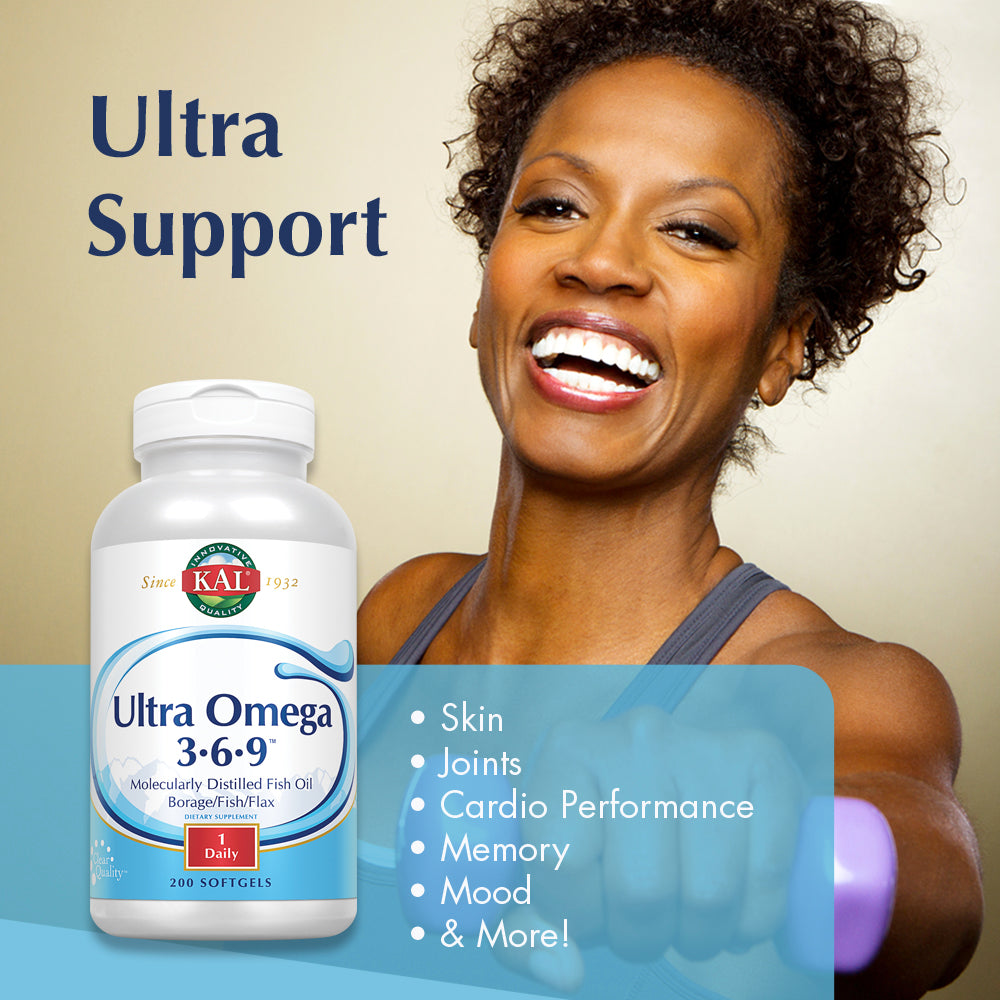 KAL Ultra Omega 3-6-9 1200mg | Fish Oil w/ Cold Pressed Flaxseed & Borage Oil | Skin, Hair, Heart, Memory