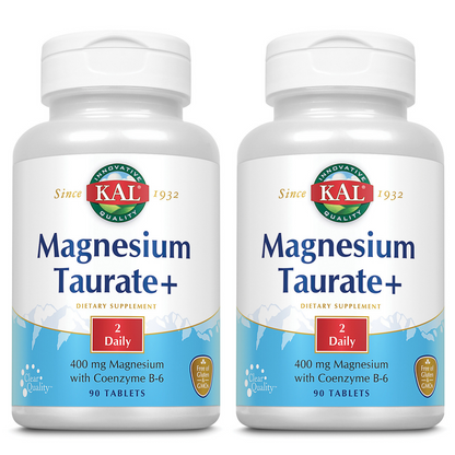 KAL Magnesium Taurate 400mg Plus CoEnzyme Vitamin B6, Chelated Magnesium Supplement, Healthy Muscle Function, Nerve and Heart Health Support, Gluten Free, Vegan, 60-Day Guarantee (90 CT, 2pk)