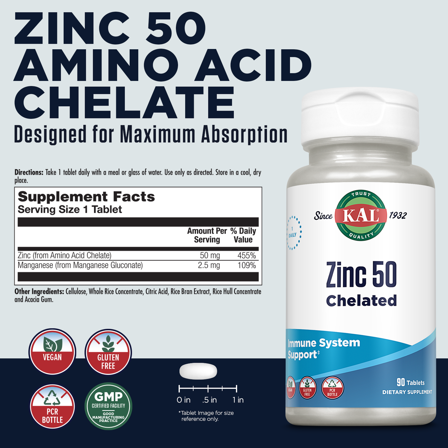 KAL Zinc 50mg Amino Acid Chelate, Immune Support Supplement, Healthy Metabolism and Immune System Formula, Enhanced Absorption, Vegan, Gluten Free, 60-Day Money Back Guarantee, 90 Servings, 90 Tablets