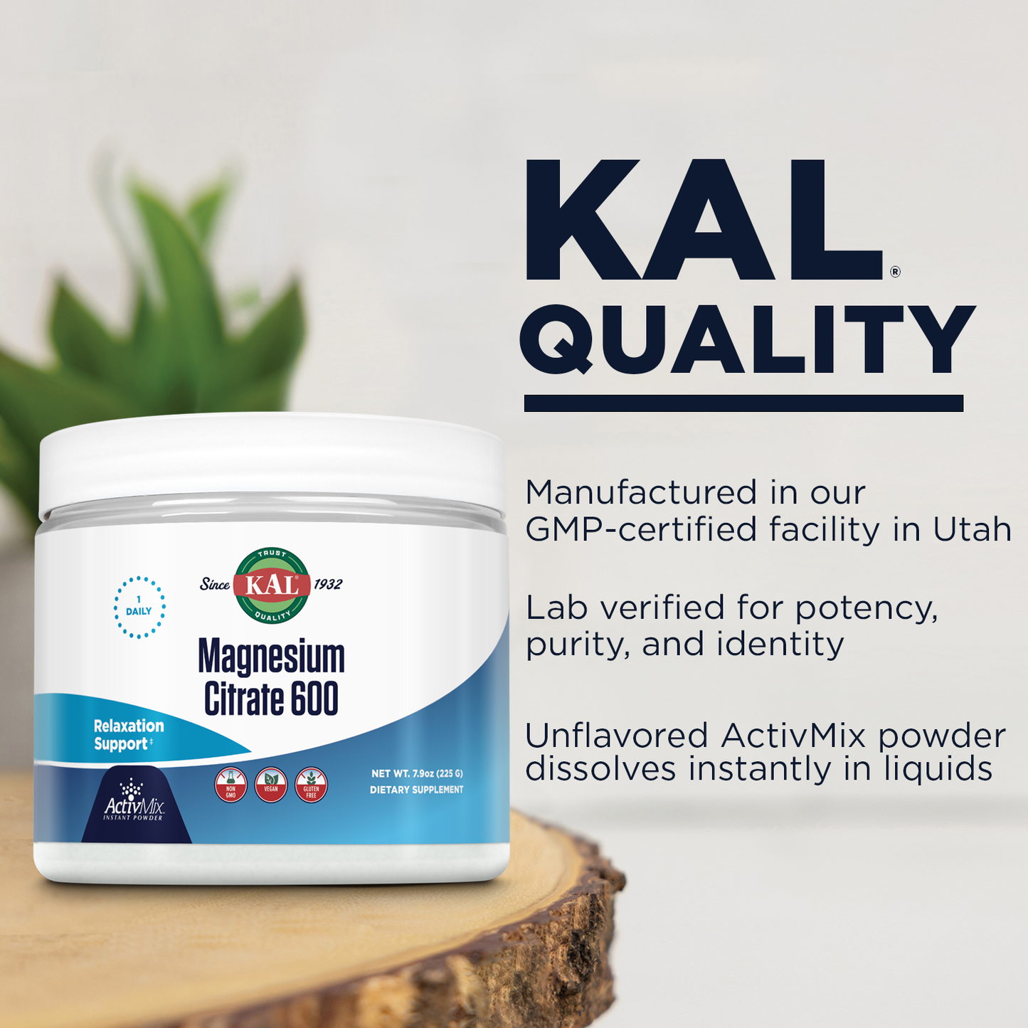 KAL Magnesium Citrate 600 mg ActivMix Instant Powder, Magnesium Supplement for Healthy Muscle Function, Relaxation, Nerve and Circulation Support, Vegan, Non-GMO, Gluten Free, Approx. 60 Serv, 7.9oz