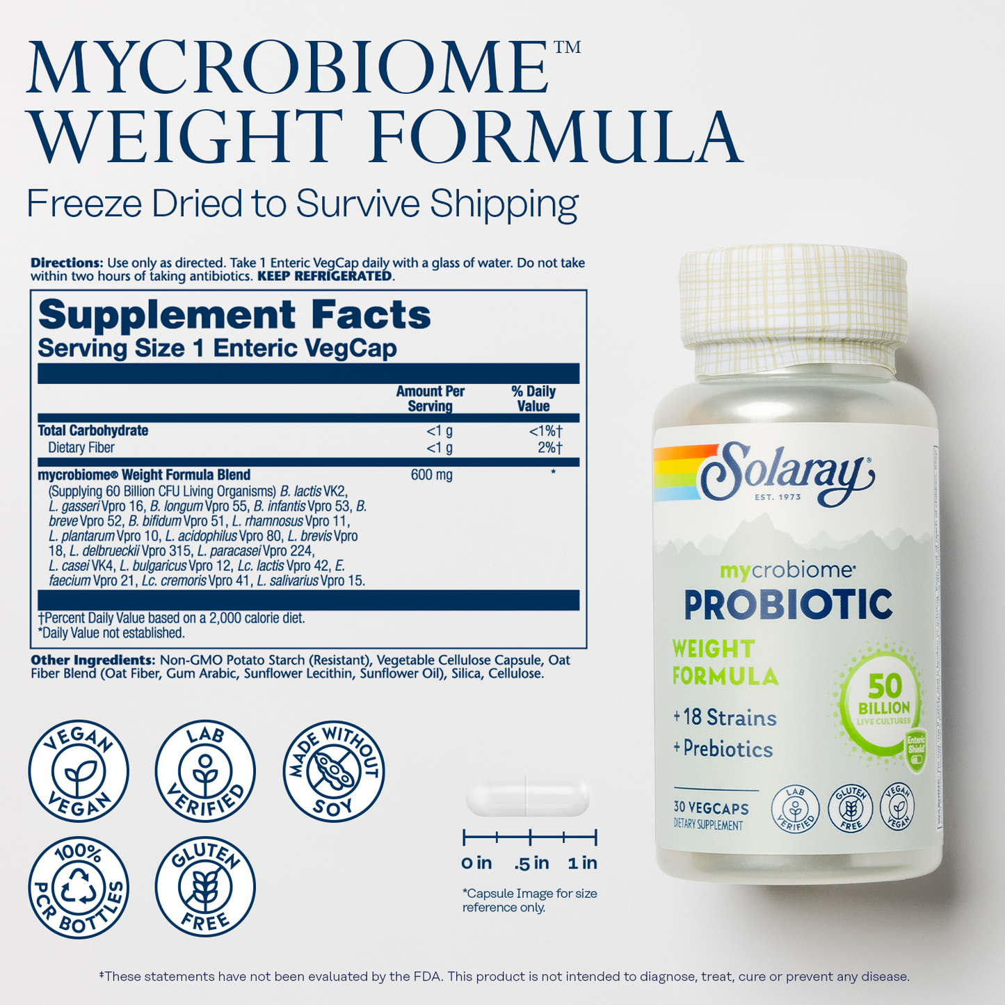 Solaray Mycrobiome Weight Formula Specially Formulated for Weight Health Supports Normal Appetite, Energy Levels & More 50 Billion CFU 30 ct