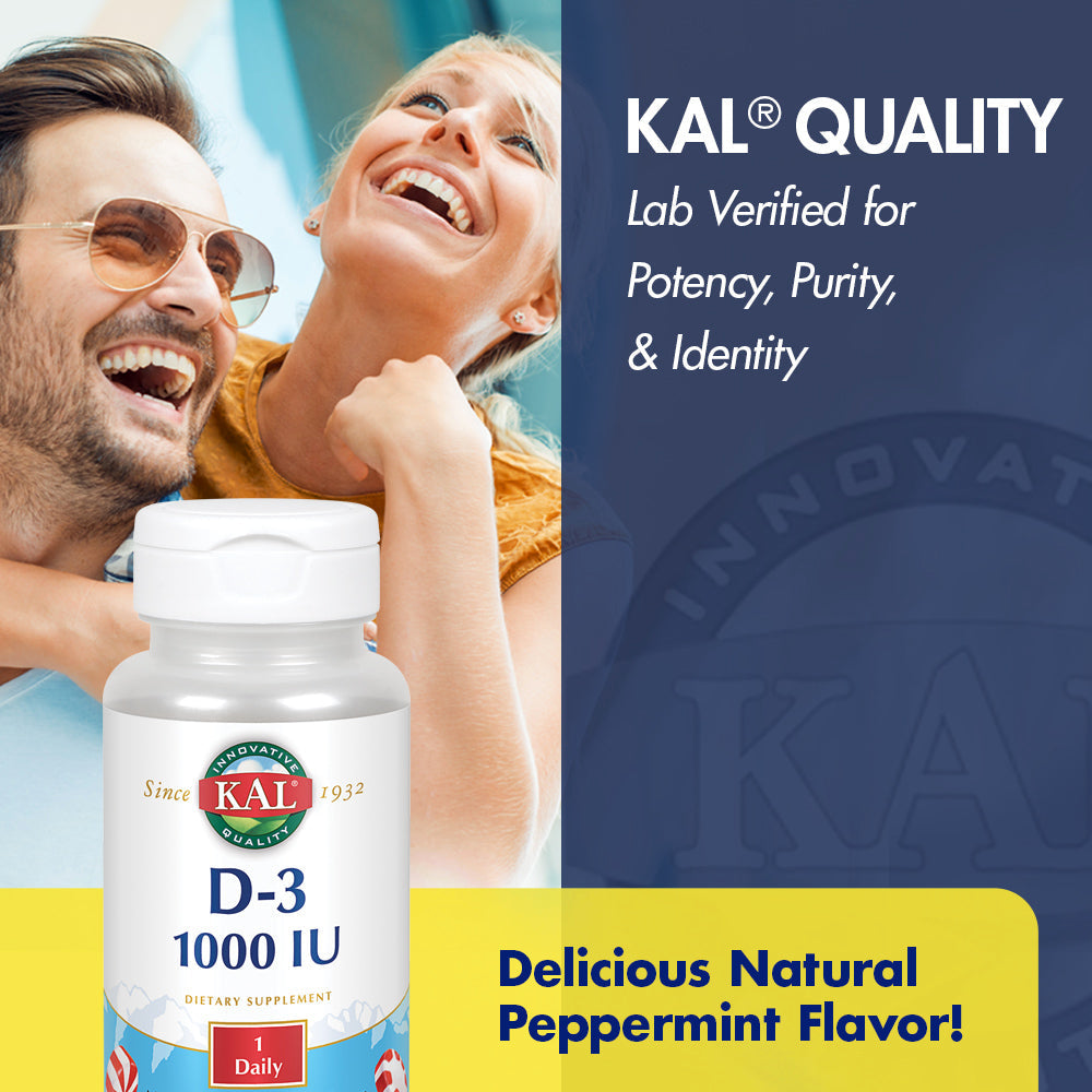 KAL Vitamin D3 1000 IU 25 mcg, Vitamin D Chewables, Calcium Absorption, Bone Health and Immune Support Supplement, Natural Peppermint Flavor, Sweetened with Xylitol, 100 Servings, 100 Chews