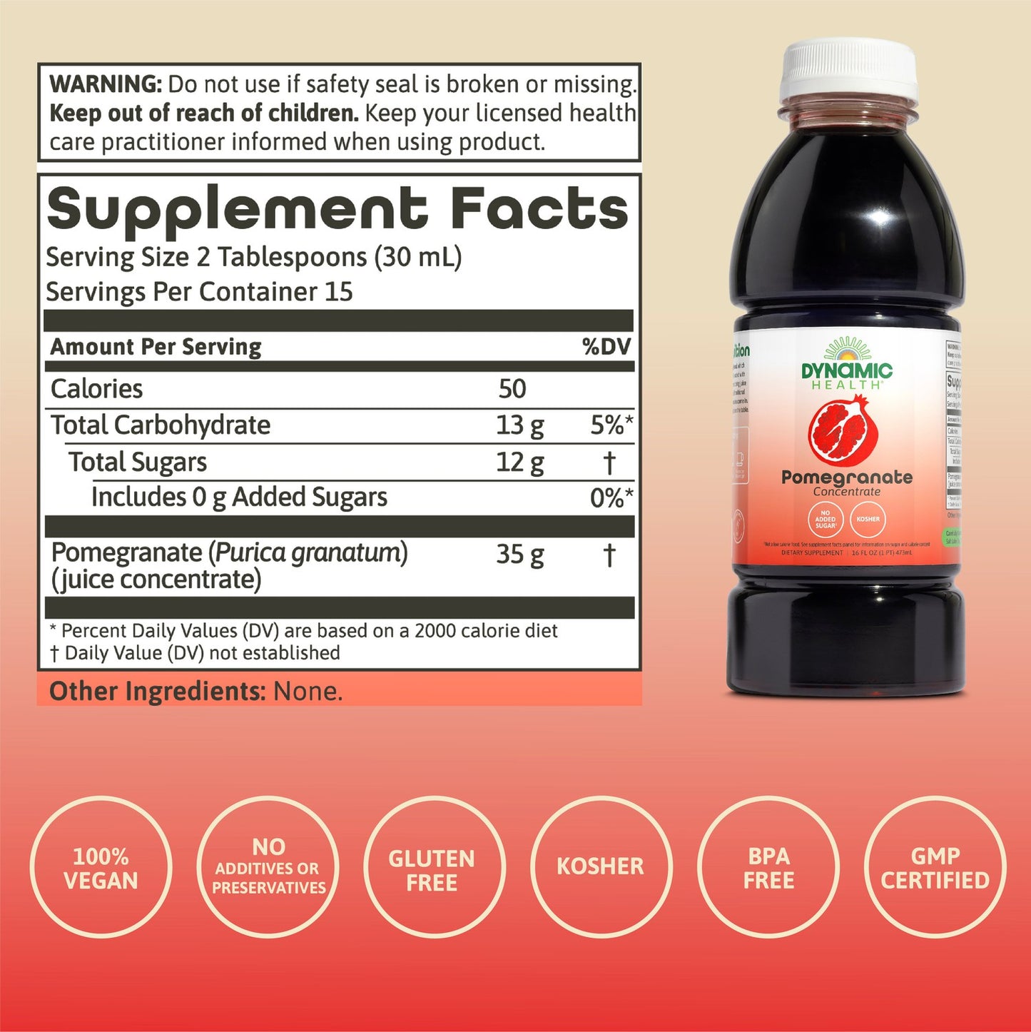 Dynamic Health Pomegranate Juice Concentrate, Natural Antioxidants and Polyphenols, No Additives or Preservatives, Vegan, Gluten Free, 16oz