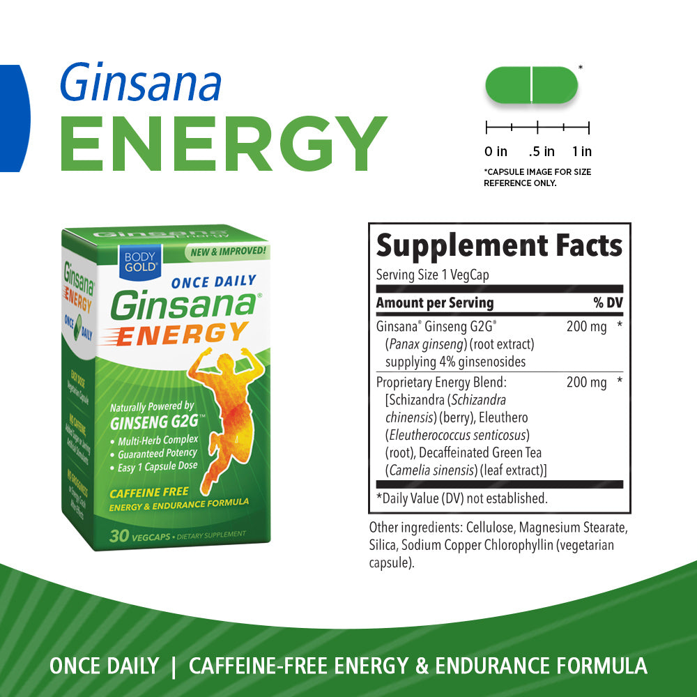 BodyGold Ginsana Energy, Once Daily | Panax Ginseng Extract w/ Energizing Herbal Blend for Focus & Endurance | No Caffeine