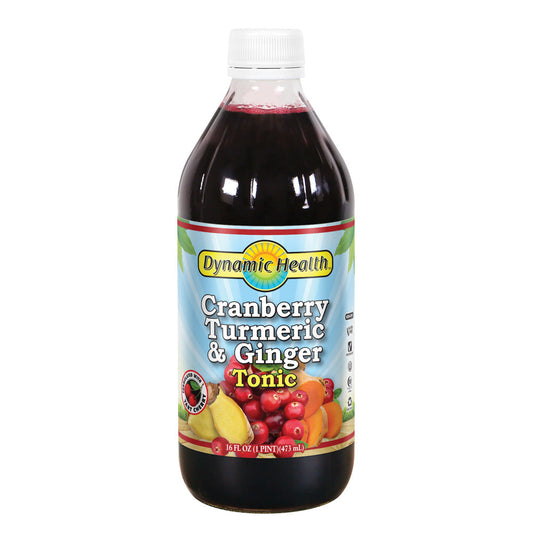 Dynamic Health Cranberry Turmeric & Ginger Tonic | Vegetarian, No Gluten, Non-GMO | Organic Ginger Puree & Turmeric Puree | 16 OZ, Glass, 16 Serv