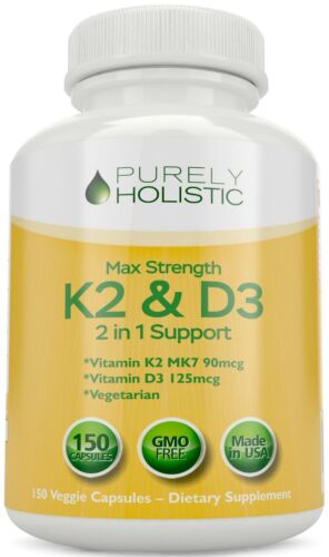 Vitamin D3 with K2 D3 5000IU and K2 90mcg 2 Bottles x 150 Vegetarian Capsules