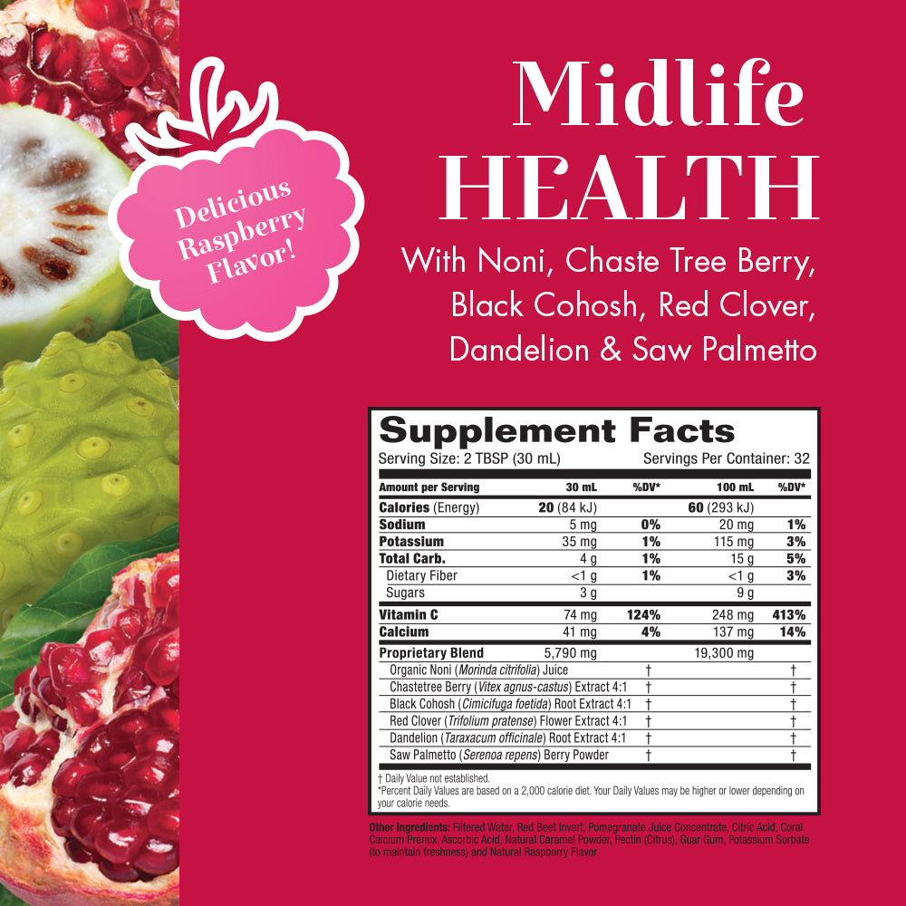 Dynamic Health Womens Choice | Liquid Noni Formula for Menopause Support | Midlife Juice Supplement | Raspberry | 32oz, 32 Serv