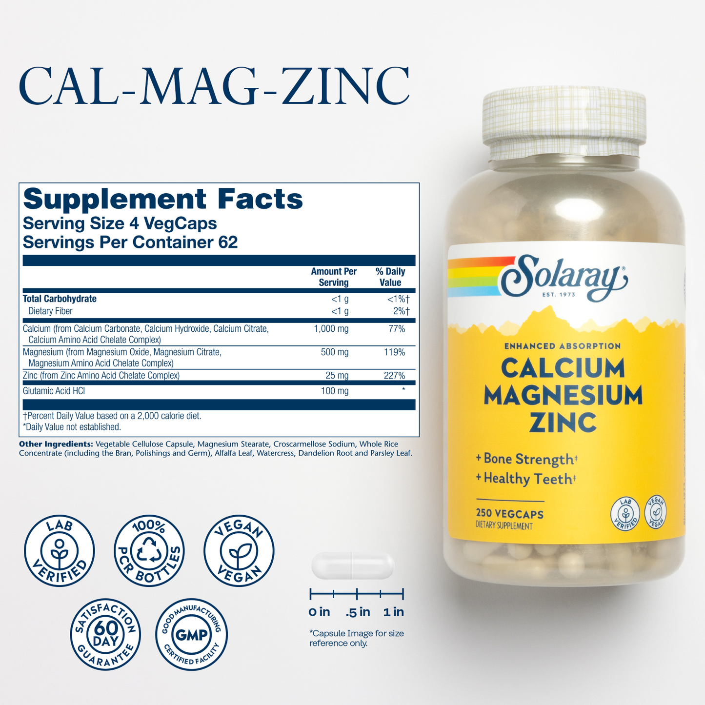 Solaray Calcium Magnesium Zinc Supplement, with Cal & Mag Citrate, Strong Bones & Teeth Support, Easy to Swallow Capsules, 60 Day Money Back Guarantee (250 CT)