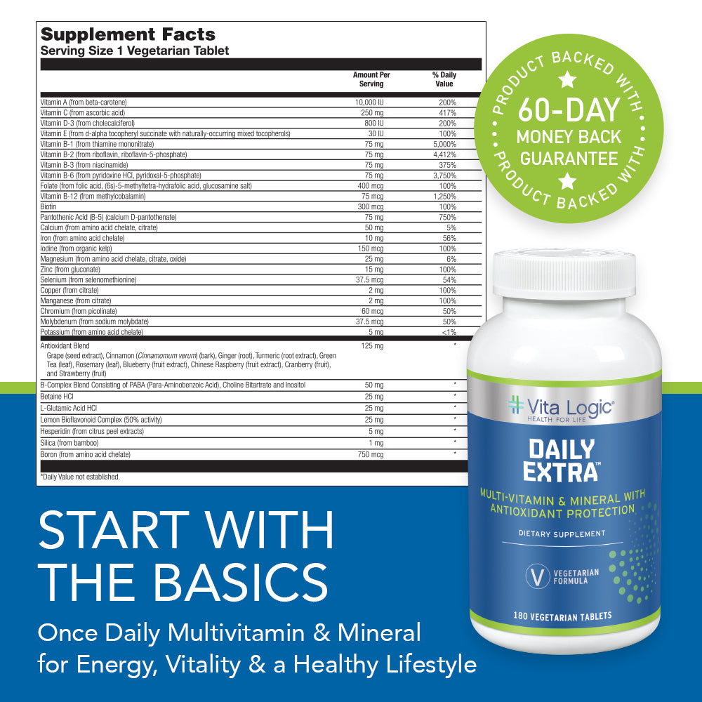 Vita Logic Daily Extra Multivitamin & Mineral | Once Daily Formula For Energy, Immune Function & Overall Health Support | 180 Vegetarian Tablets