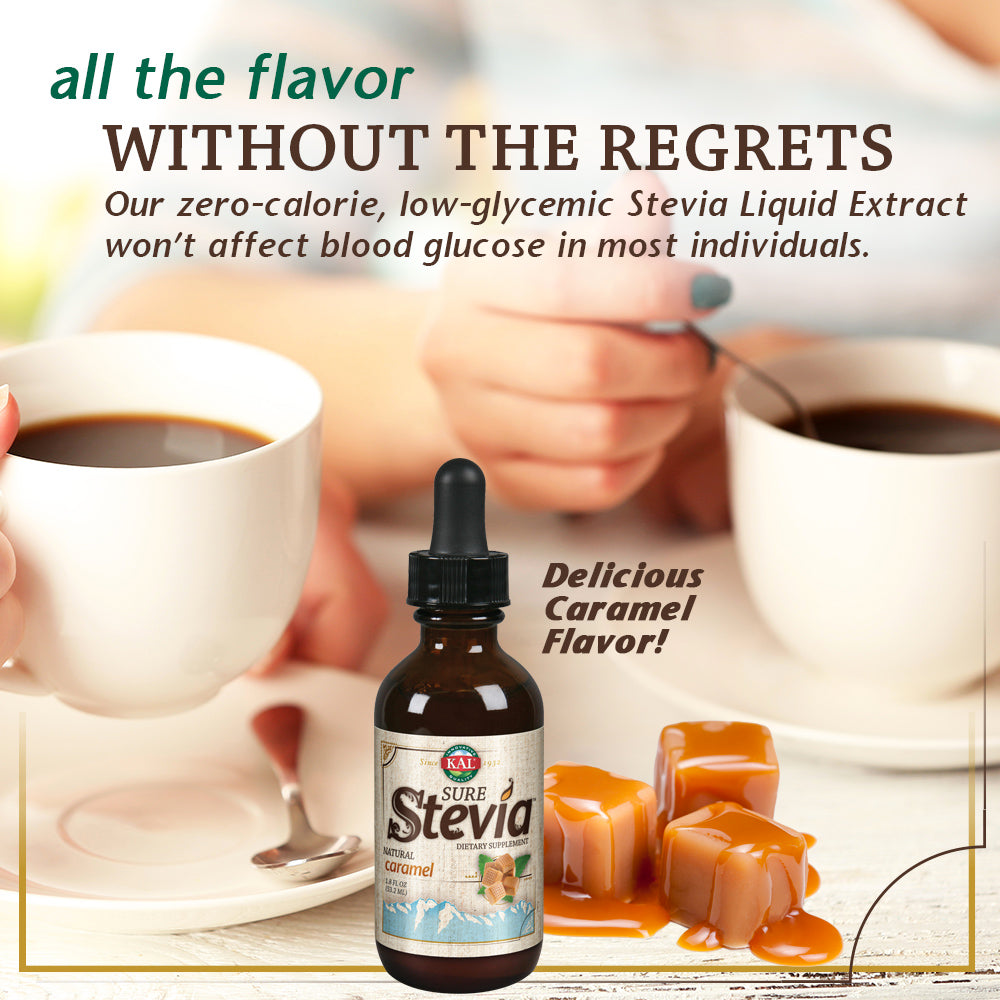 KAL Sure Stevia Drops, Low Carb, Zero Calorie Sweetener, Keto Friendly, Great Tasting Liquid Stevia, Low Glycemic, 60-Day Money Back Guarantee (Caramel)