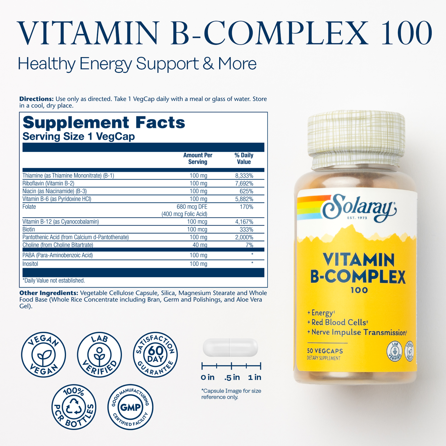 Solaray Vitamin B Complex 100 mg, Healthy Energy Supplement, Red Blood Cell Formation, Nerve & Immune Support, Super B Complex Vitamins with Folic Acid, Vitamin B6, B12, Biotin & More, Vegan, 50 VegCaps