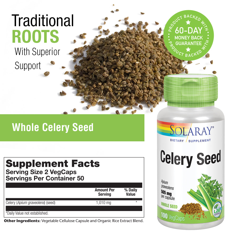 Solaray Celery Seed 1010 mg, Traditional Liver, Water Balance, and Joint Support, Whole Celery Seeds with Phytochemicals and Flavonoids, Vegan, Lab Verified, 60-Day Money-Back Guarantee, 50 Servings, 100 VegCaps