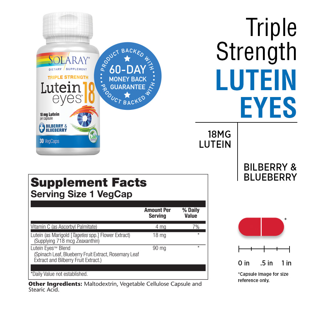 Solaray Triple Strength Lutein Eyes, 18 mg | Eye & Macular Health Support Supplement w/ Naturally Occurring Lutein and Zeaxanthin | Non-GMO (60 CT) (30 CT)