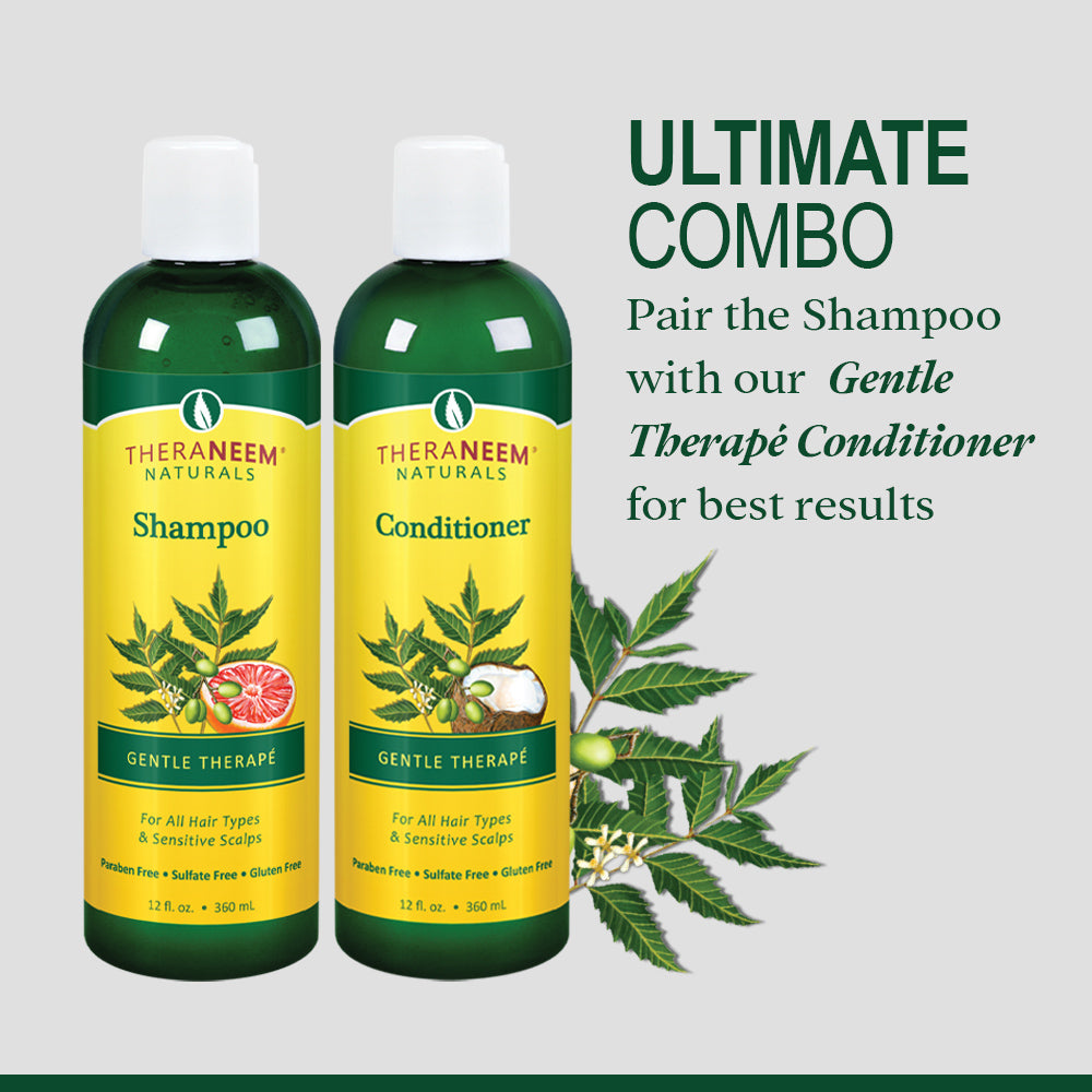 TheraNeem Gentle Therap Shampoo | Soothing Formula w/ Organic Neem Oil | All Hair Types & Sensitive Scalp, Vegan | 12oz