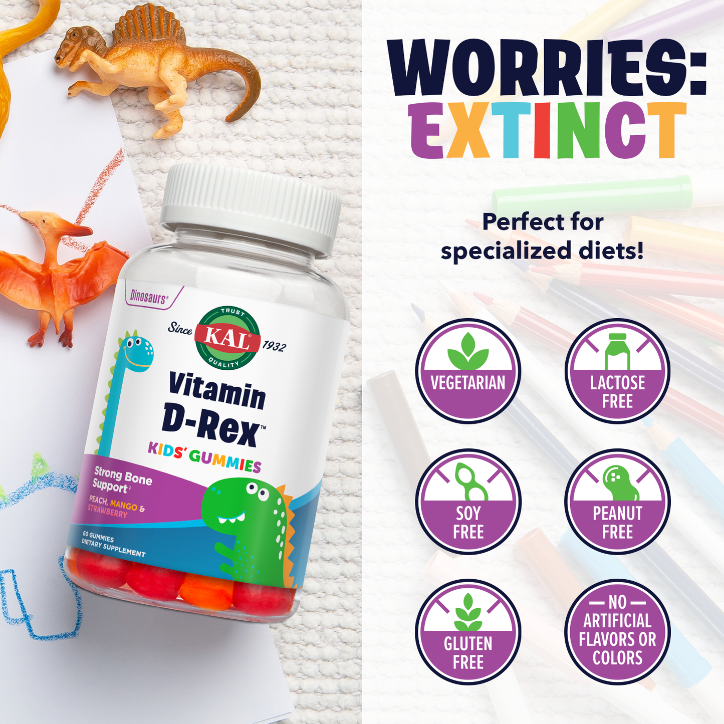 KAL Vitamin D-Rex - Vitamin D Gummies for Kids - Kids Vitamin D3 - Peach, Mango, and Strawberry Flavors - Immune, Heart, Bone & Oral Support - Vegetarian, Gluten Free - 60 Servings, 60 Gummies