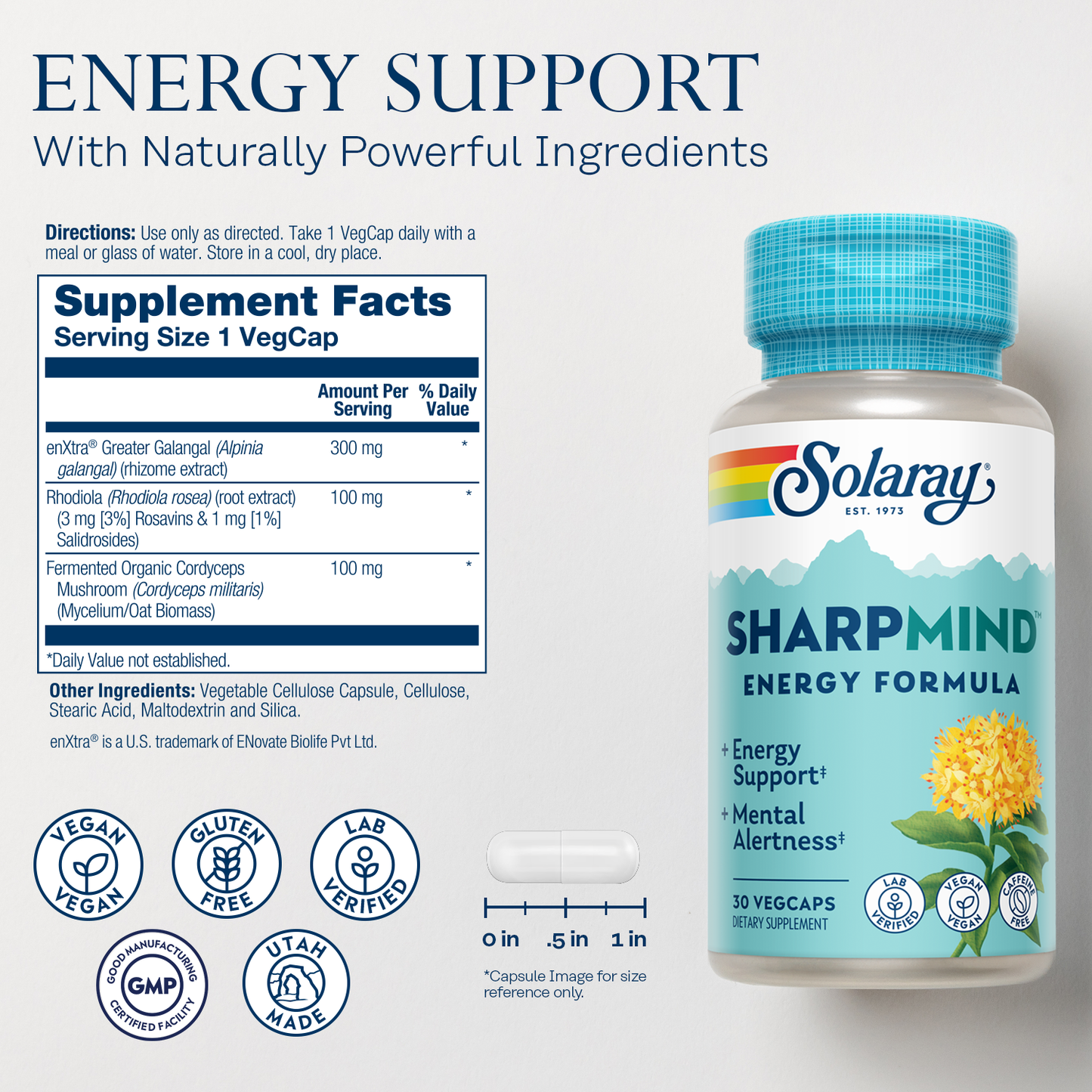 Solaray SharpMind Energy, Energy Booster for Women and Men, Nootropic  Focus Supplement, Caffeine Free Energy Pills with Rhodiola Rosea and Cordyceps, 60 Day Guarantee, 30 Servings, 30 VegCap Pills