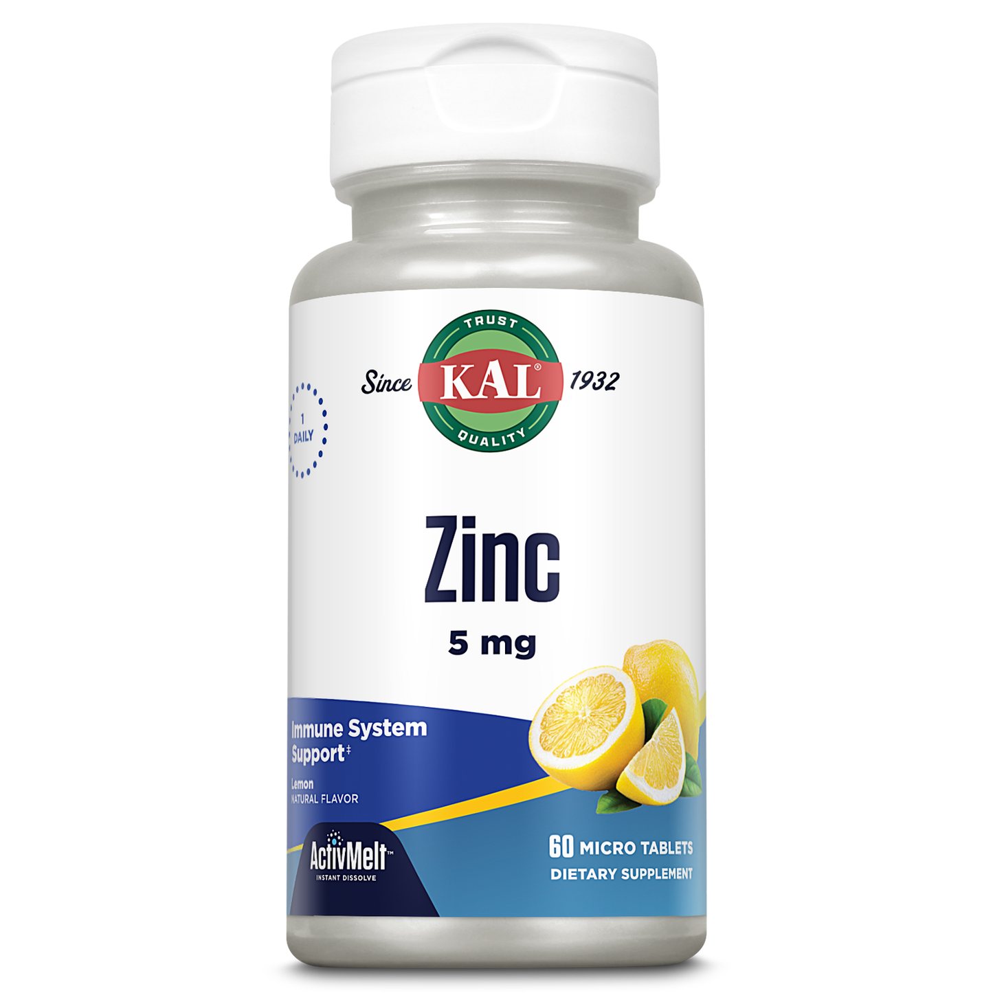 KAL Zinc 5mg ActivMelt, Immune Support Supplement with Zinc Oxide, Supports Protein Synthesis, Metabolism, Cell Growth, Immune Health, Vegetarian, Natural Lemon Flavor, 60-Day Guarantee, 60 Micro Tabs