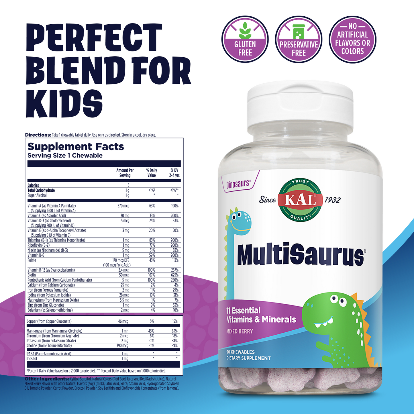 KAL MultiSaurus Kids Chewable Multivitamins, 11 Essential Vitamins and Minerals for Kids, Mixed Berry Flavor, Gluten and Preservative Free, 90 Servings, 90 Dinosaur-Shaped Chewables