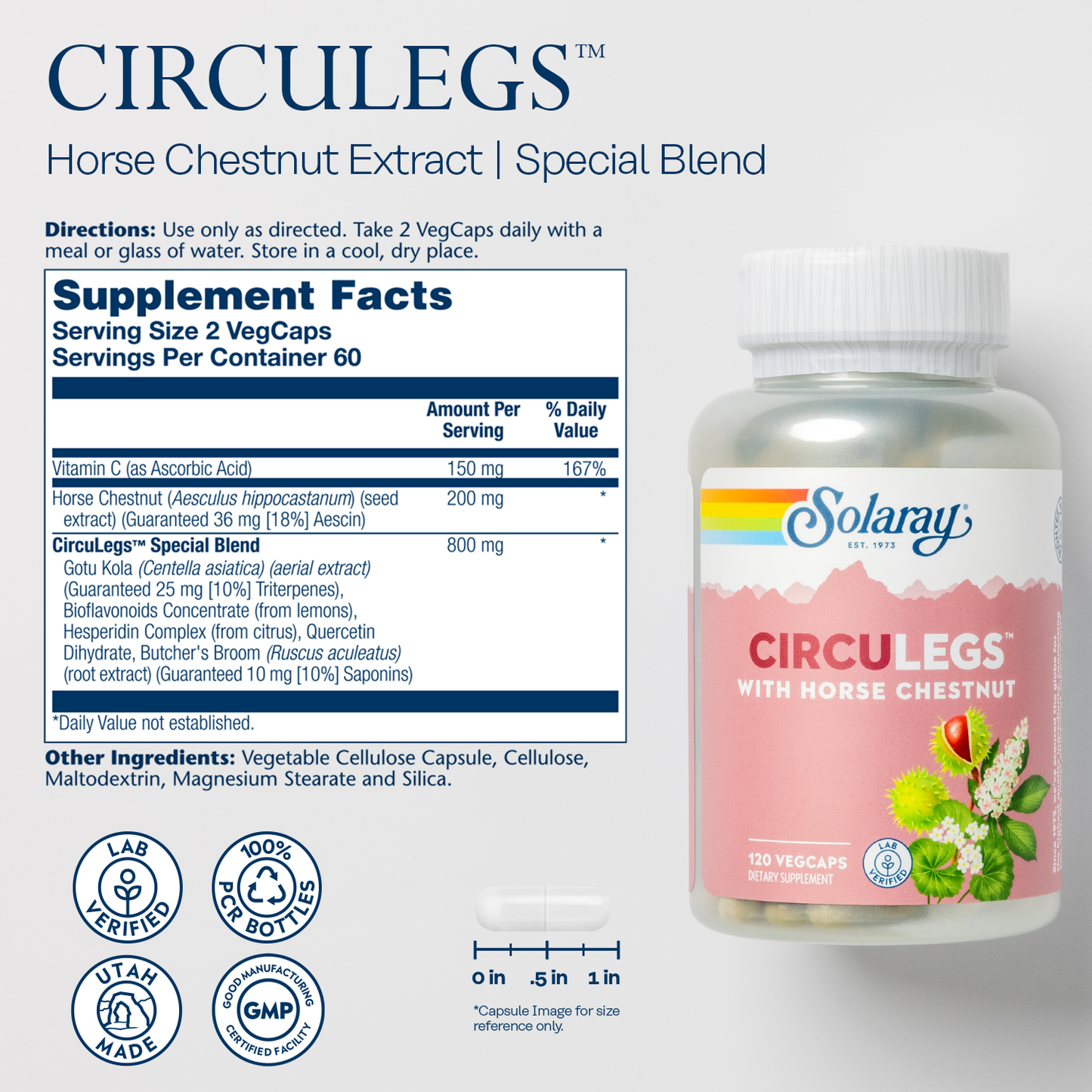 Solaray CircuLegs with Horse Chestnut Extract, Gotu Kola, Butcher's Broom, and More, Circulation and Vein Support for Healthy Legs, 60-Day Guarantee, Lab Verified