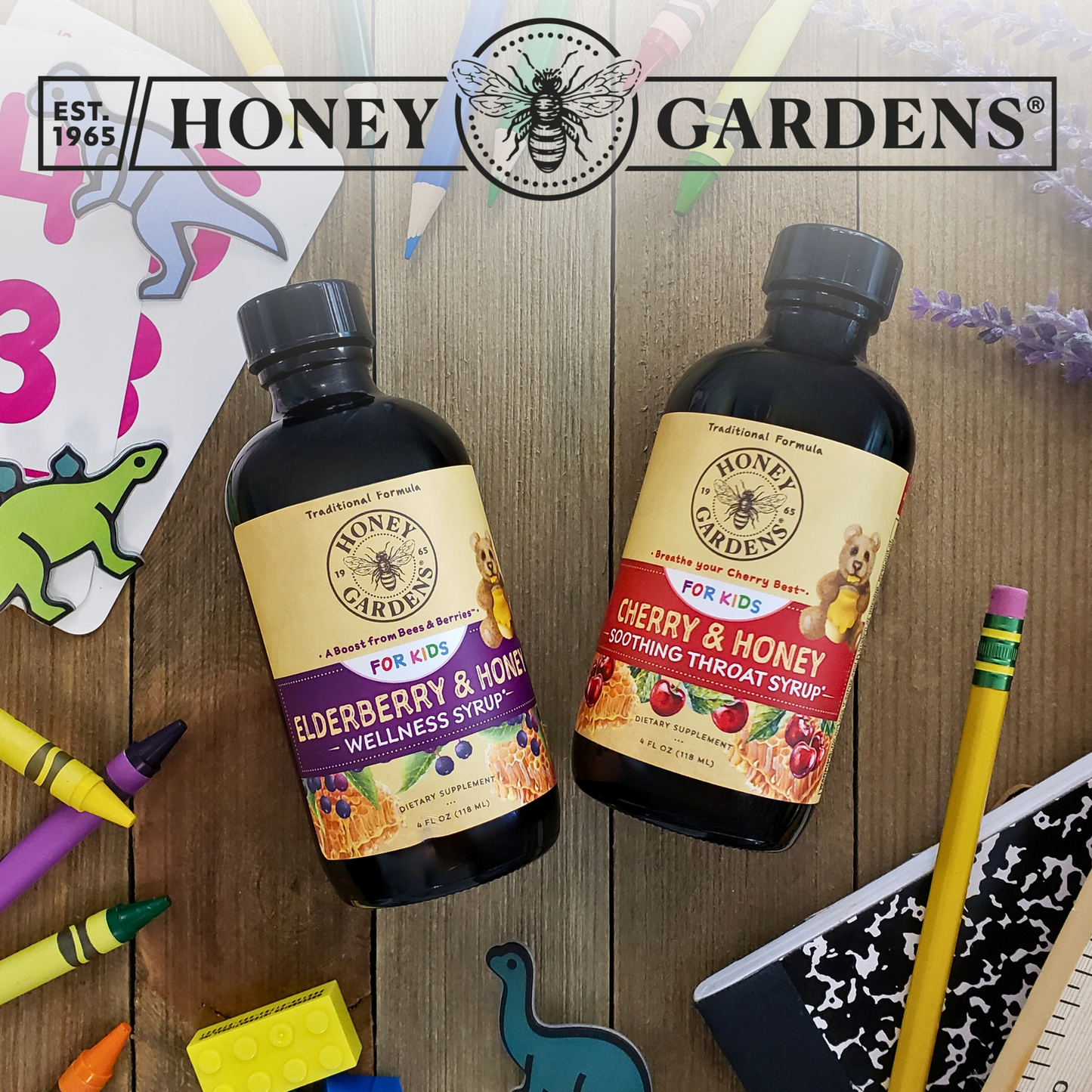 Honey Gardens Kids Cherry & Honey Soothing Throat Syrup, Herbal Infused Raw Honey Syrup, Apitherapy Formula Includes Extracts of Umckaloabo, Black Cherry, Marshmallow, 24 Servings, 4 FL. OZ.