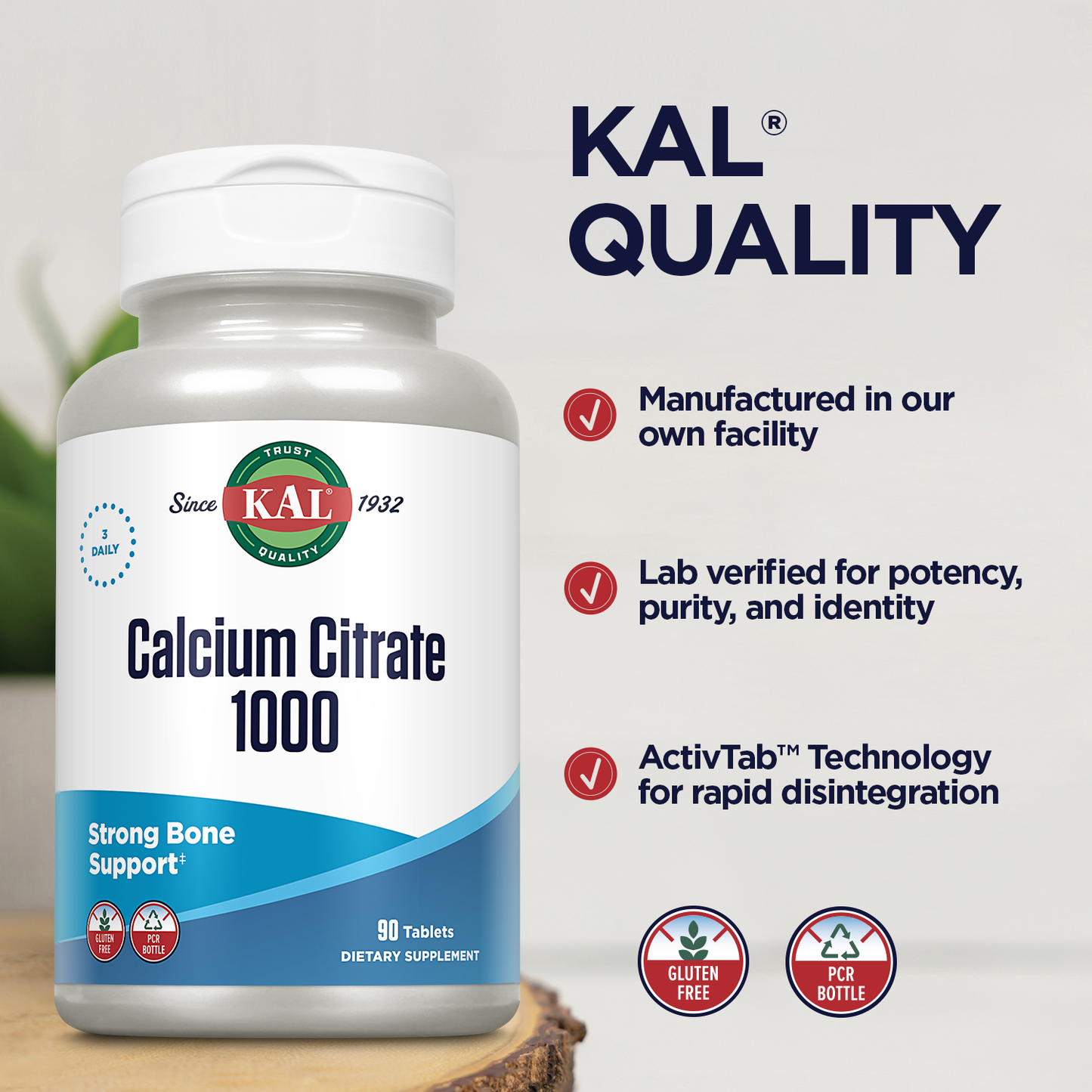 KAL Calcium Citrate 1000mg Teeth & Bone Health, Nervous, Muscular & Cardiovascular System Support Lab Verified (90 CT)